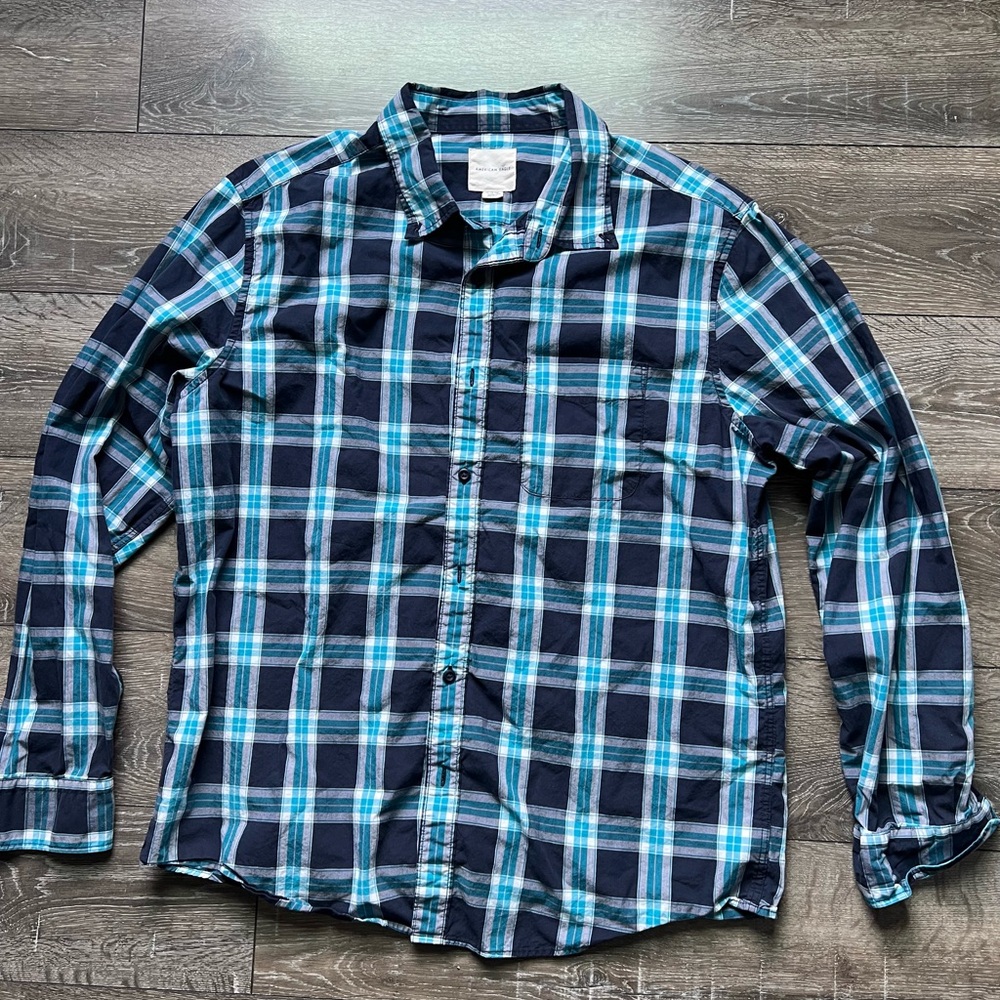 American Eagle Outfitters Navy and Teal Plaid Shirt